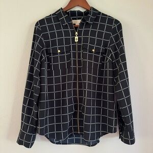 Michael Kors Long Sleeve Black & Gold Chain Print Zip Up Blouse Size M
